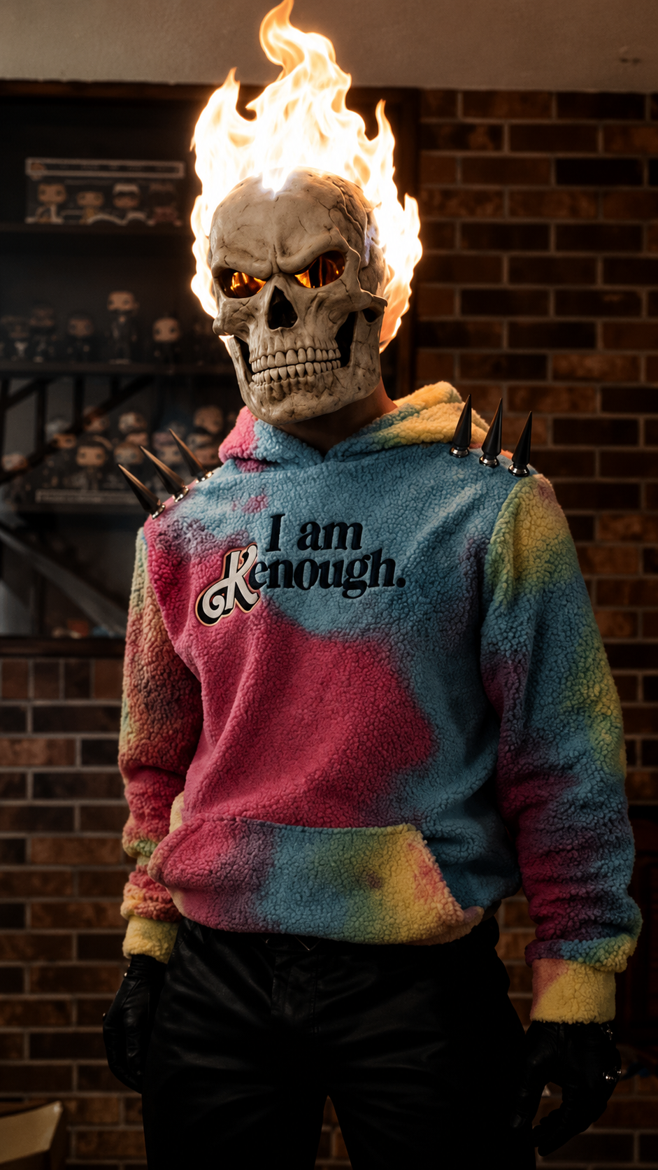 Skull mask with hair made of fire and night-vision eyes.